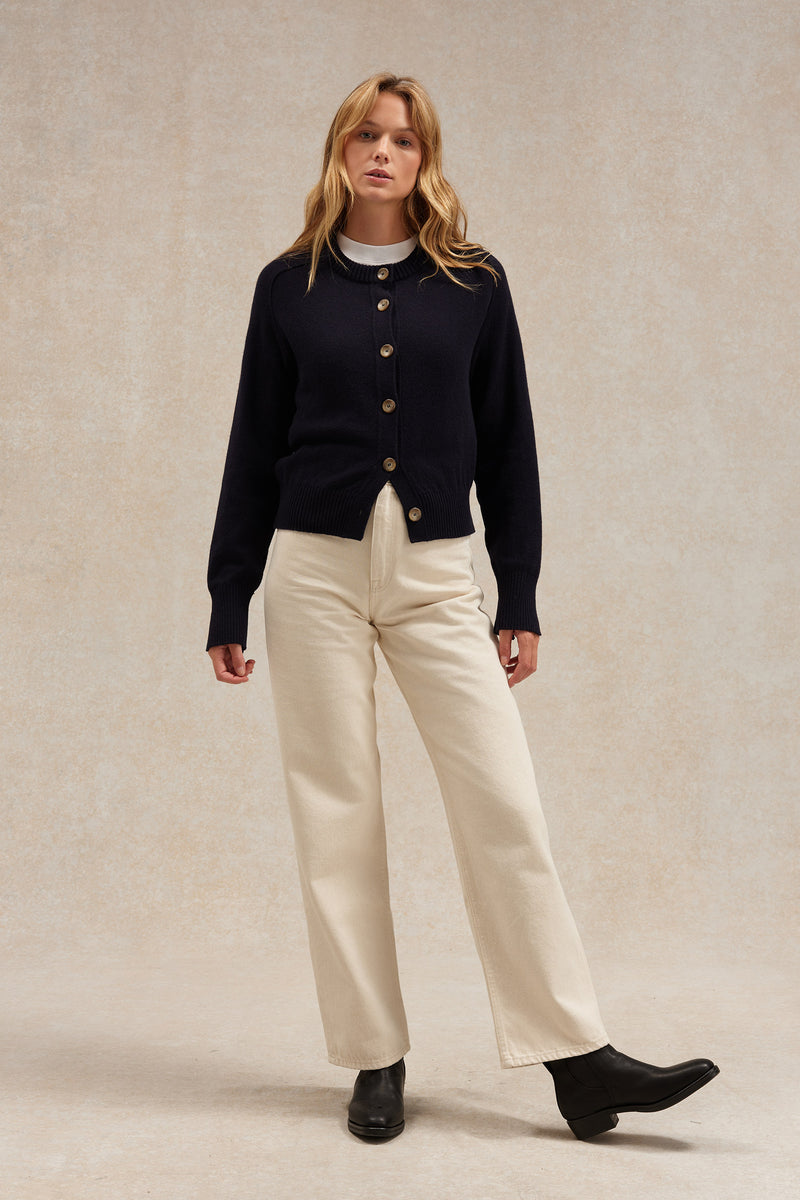 Cardigan bleu marine en laine mérinos pour femme