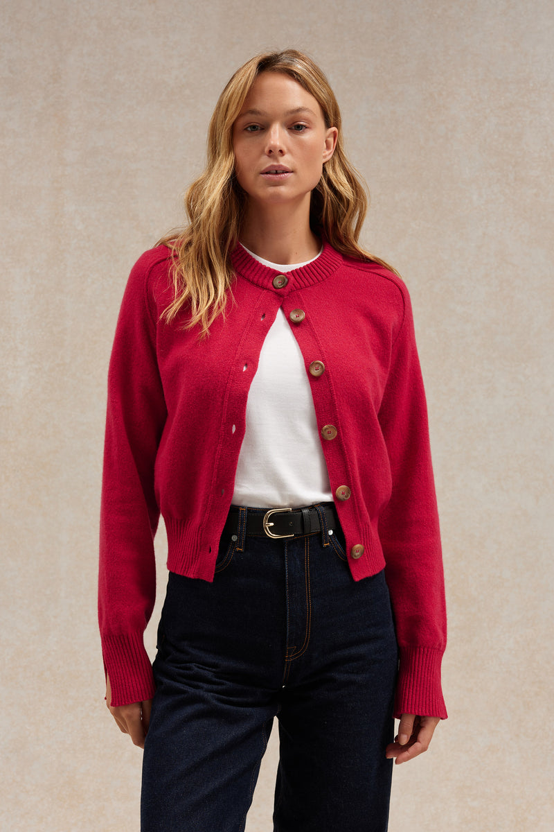 Cardigan framboise en laine mérinos pour femme