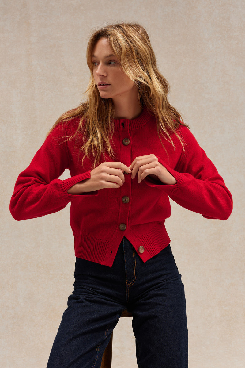 Cardigan rouge en laine mérinos pour femme
