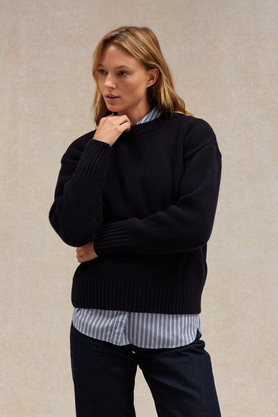 Women's navy blue ribbed round-neck sweater