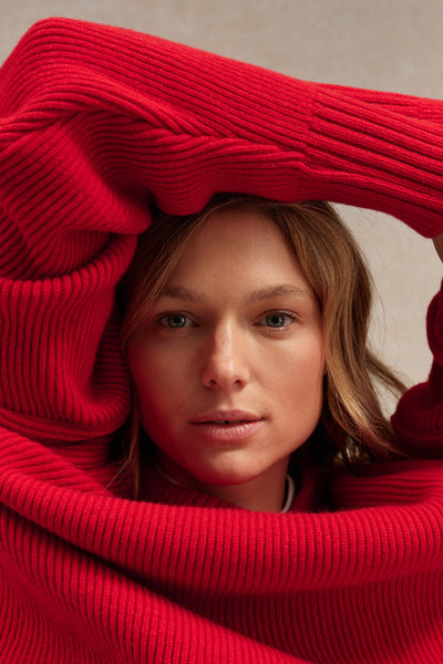 Pull femme col rond rouge à côtes anglaises
