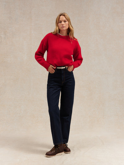 Pull femme col rond rouge à côtes anglaises