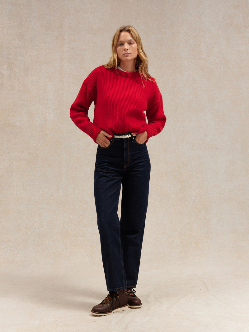 Pull femme col rond rouge à côtes anglaises