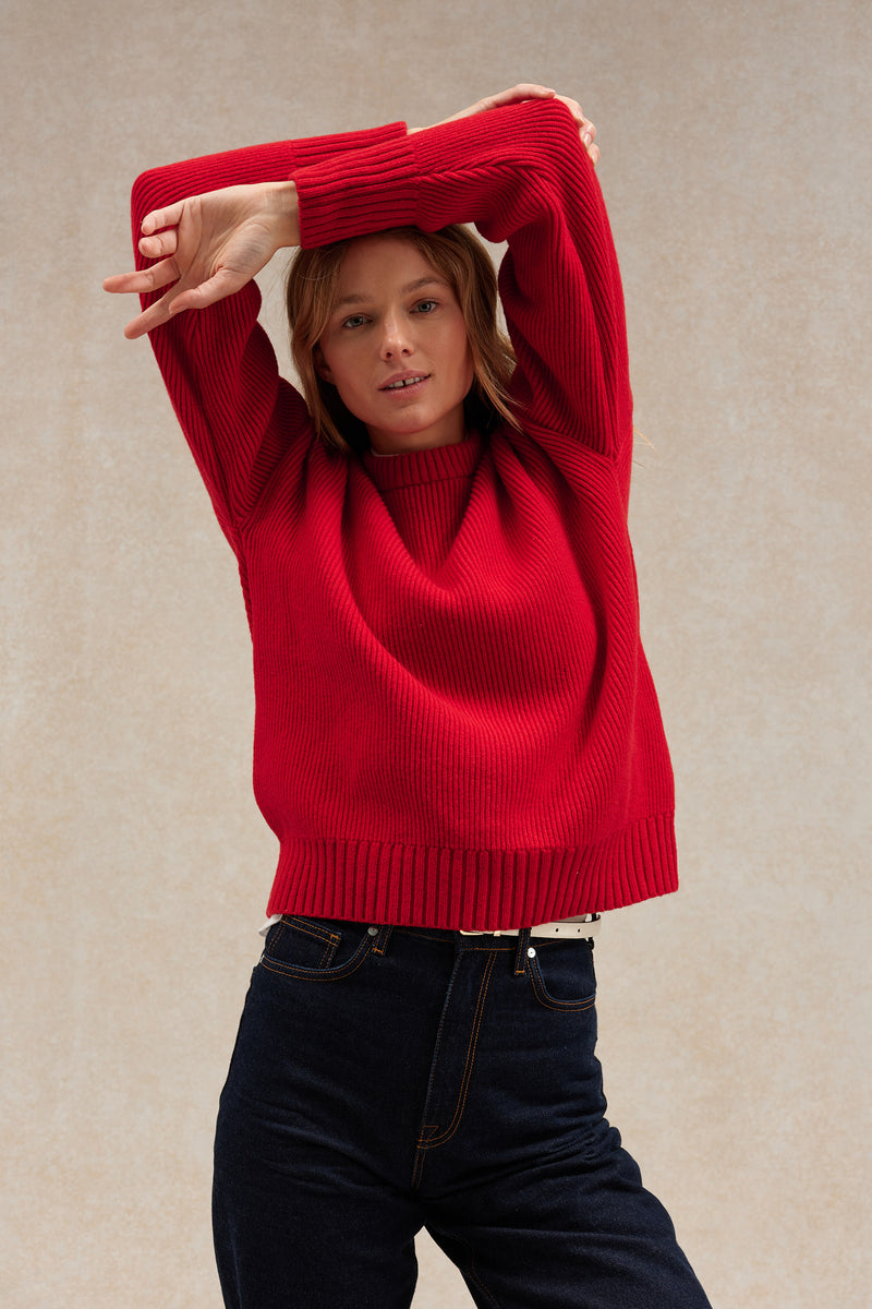 Pull femme col rond rouge à côtes anglaises