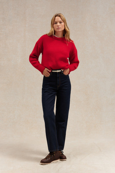 Pull femme col rond rouge à côtes anglaises