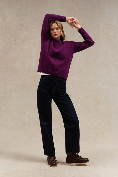 Pull femme col rond prune à côtes anglaises