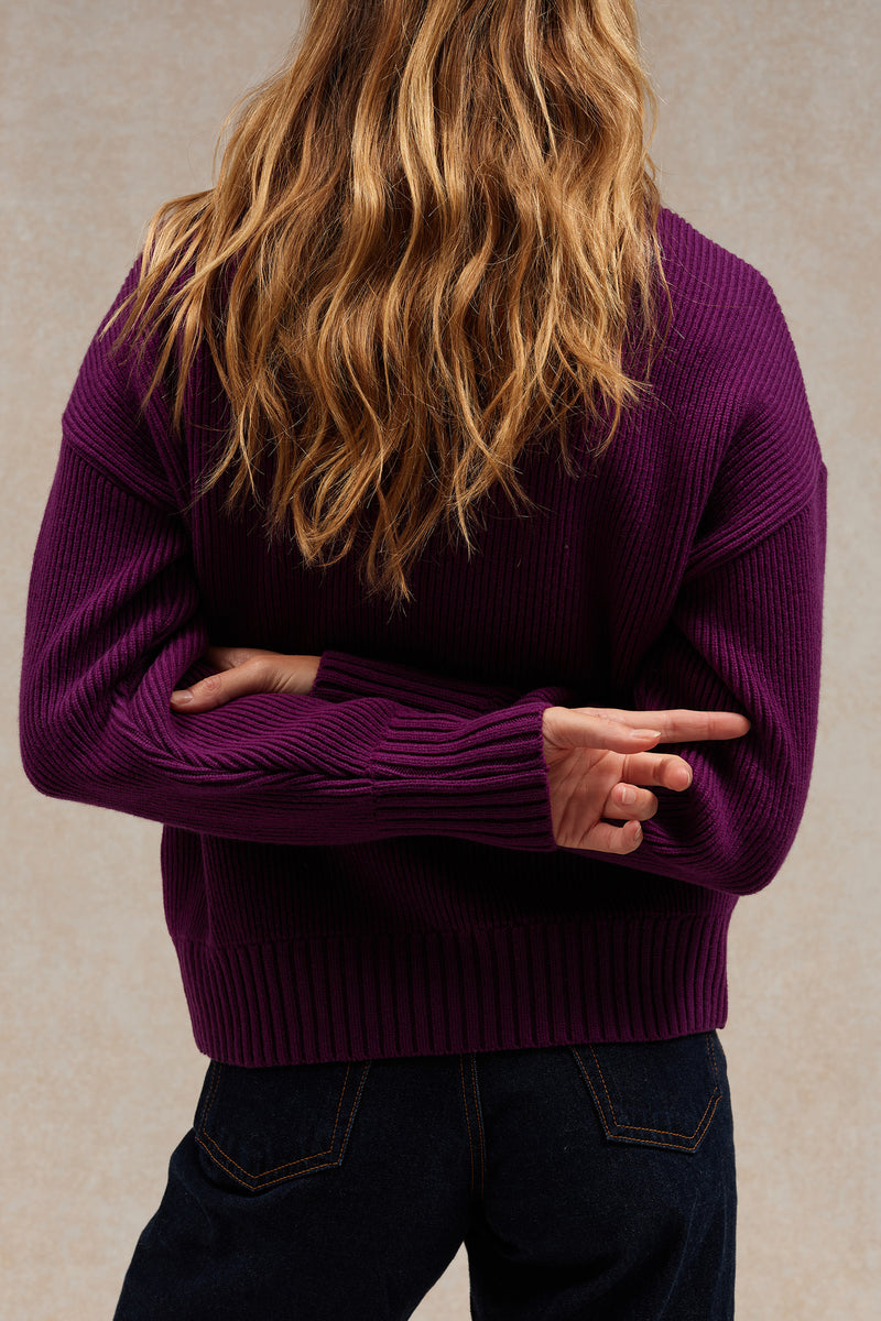 Pull femme col rond prune à côtes anglaises