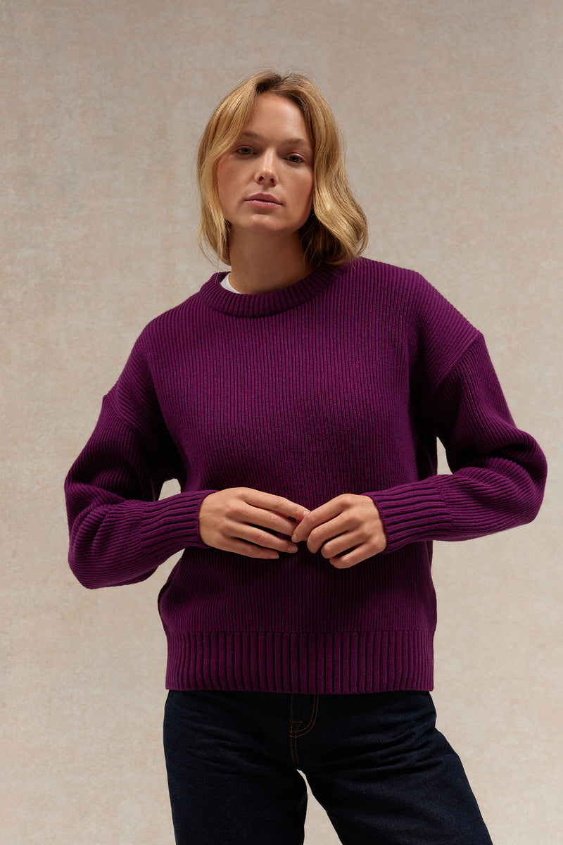 Pull femme col rond prune à côtes anglaises