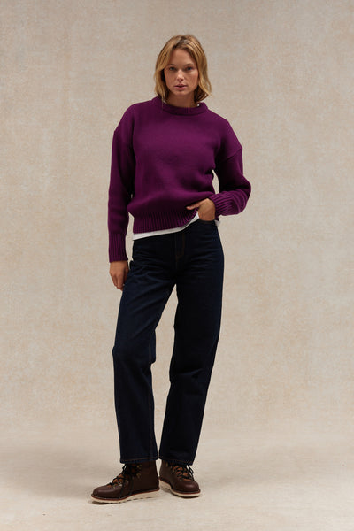 Pull femme col rond prune à côtes anglaises
