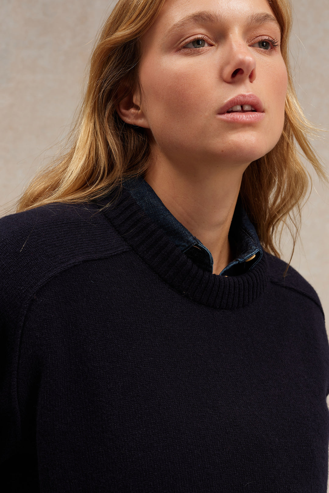 Women's navy blue merino wool round-neck sweater | Le Minor