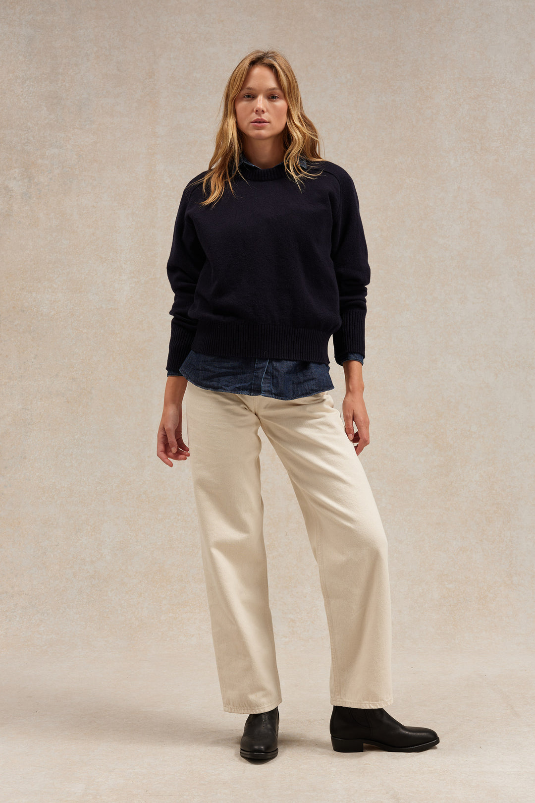 Women's navy blue merino wool round-neck sweater | Le Minor