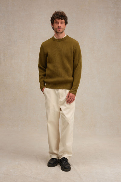 Pull homme col rond olive