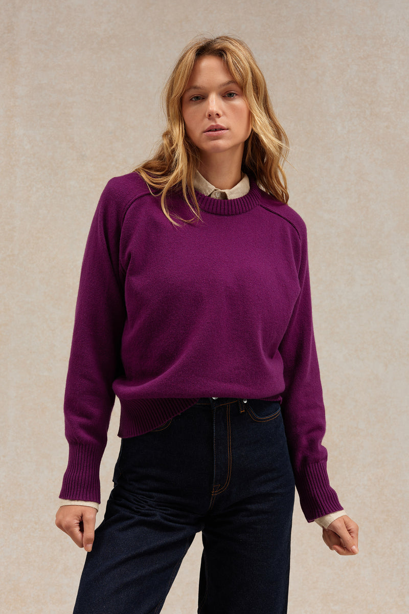 Pull femme col rond prune