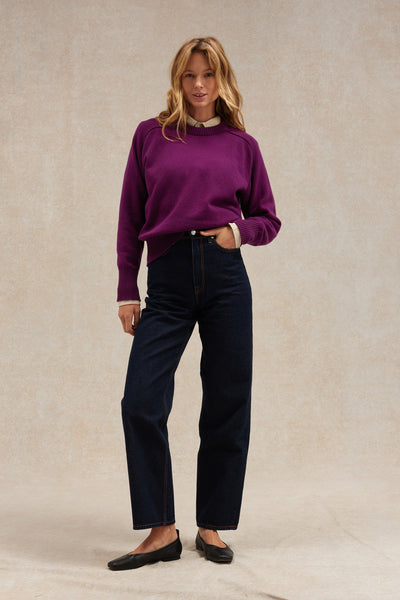 Pull femme col rond prune