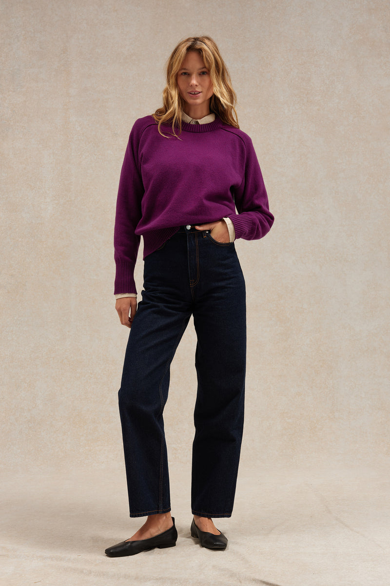 Pull femme col rond prune