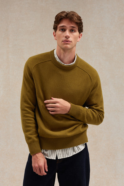 Pull à col rond en laine mérinos olive pour homme | Le Minor 