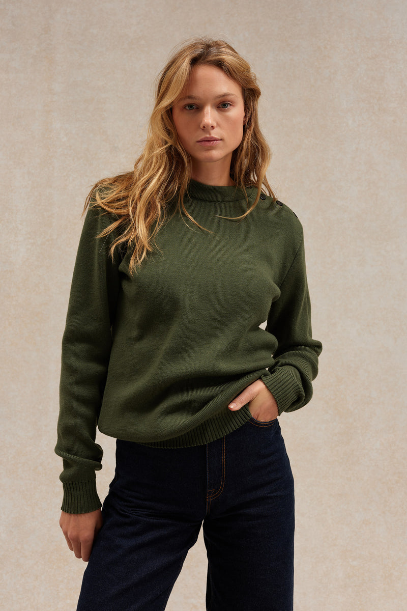 Pull marin ample olive kaki en laine mérinos pour femme