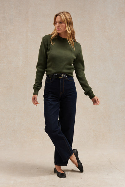 Pull marin ample olive kaki en laine mérinos pour femme