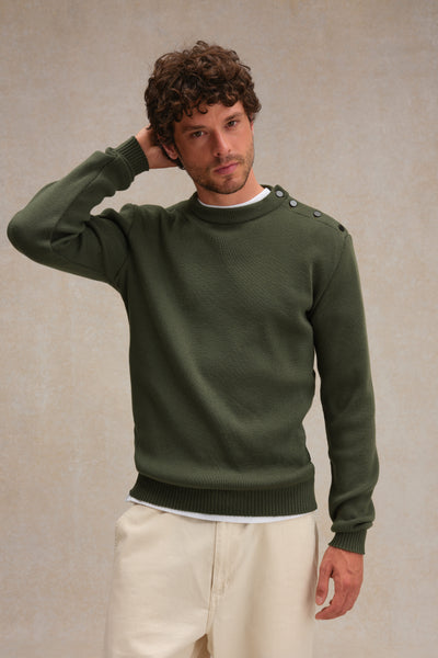 Men's loose-fitting olive green merino wool sailor jumper