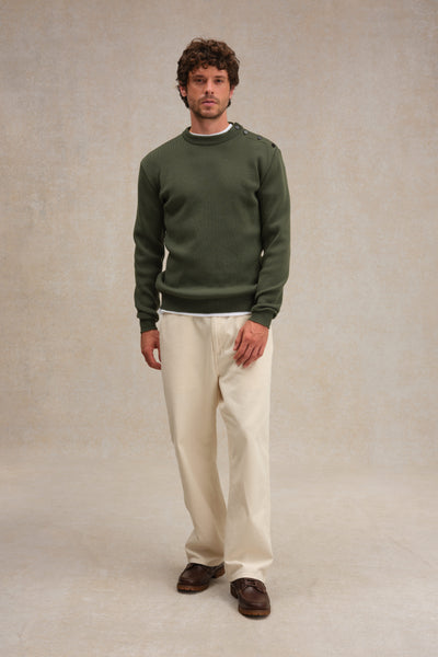 Men's loose-fitting olive green merino wool sailor jumper