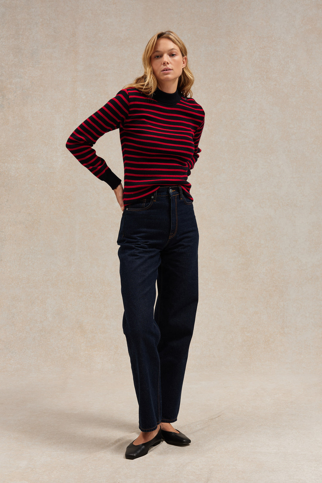 Leminor スローブイエナ Women's navy blue and red striped sailor sweater | Le Minor