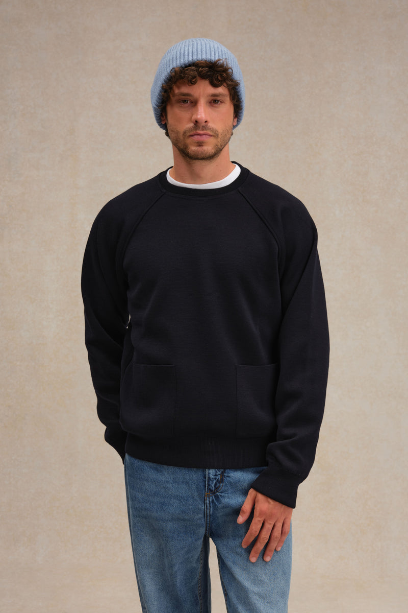 Sweatshirt bleu marine en maille milano
