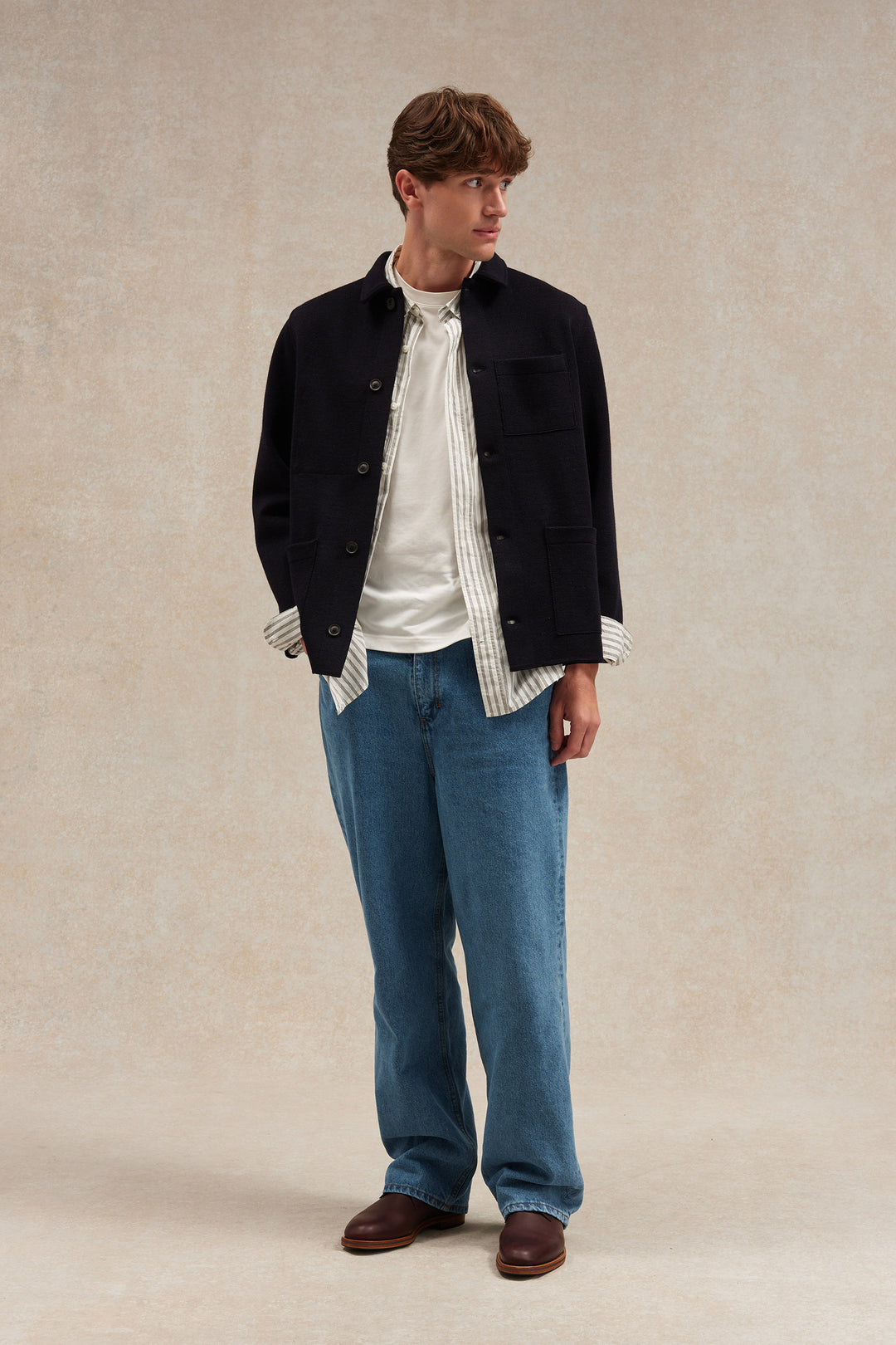Men's navy blue Milano knit work jacket in virgin wool | Le Minor