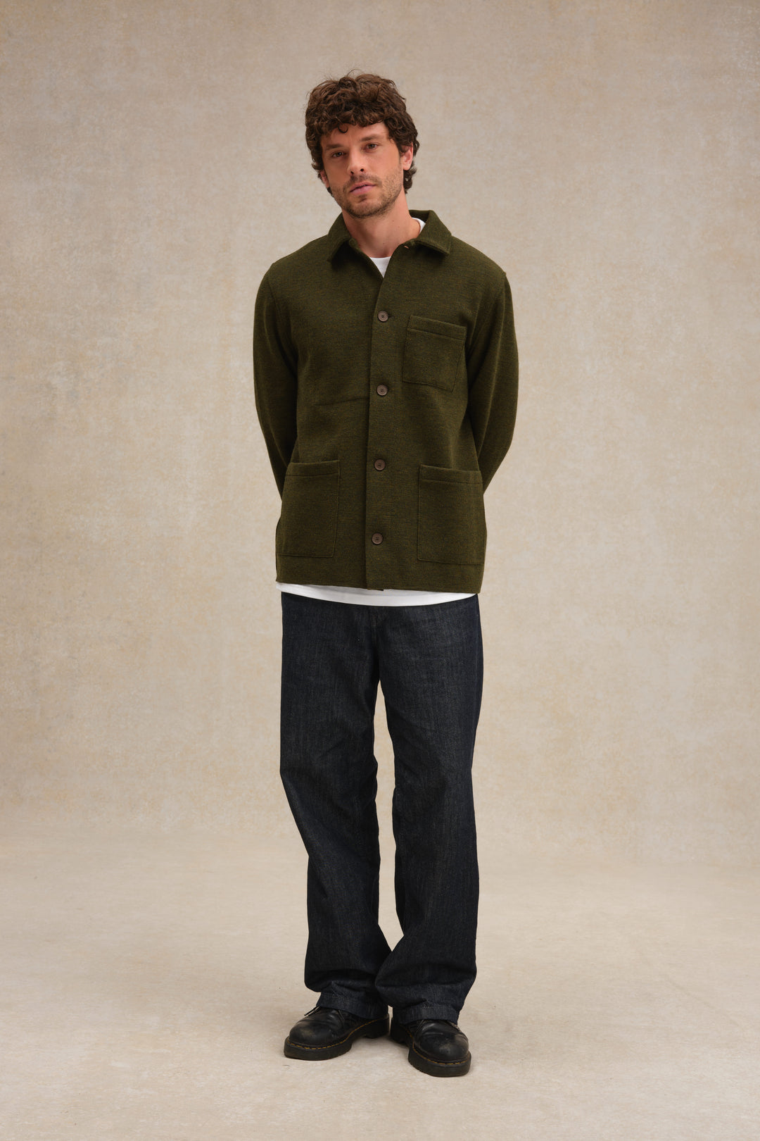 Men's olive green Milano knit work jacket in virgin wool | Le Minor