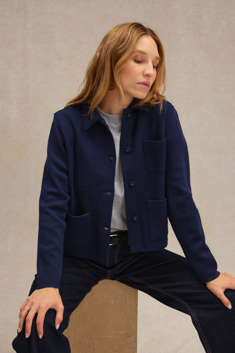 Veste de travail bleu marine en maille Milano pour femme